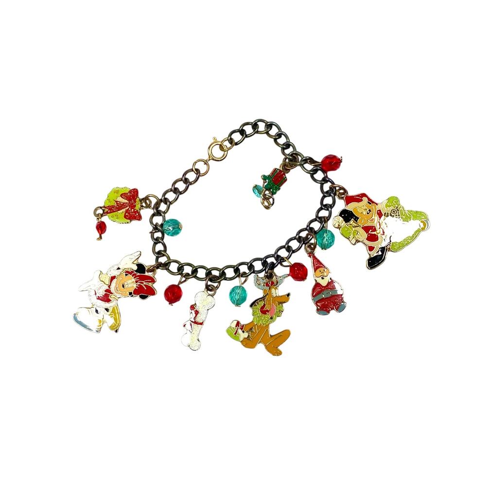Vintage Disney Christmas Bracelet Mickey Minnie Santa 7 Holiday Charms Tarnished